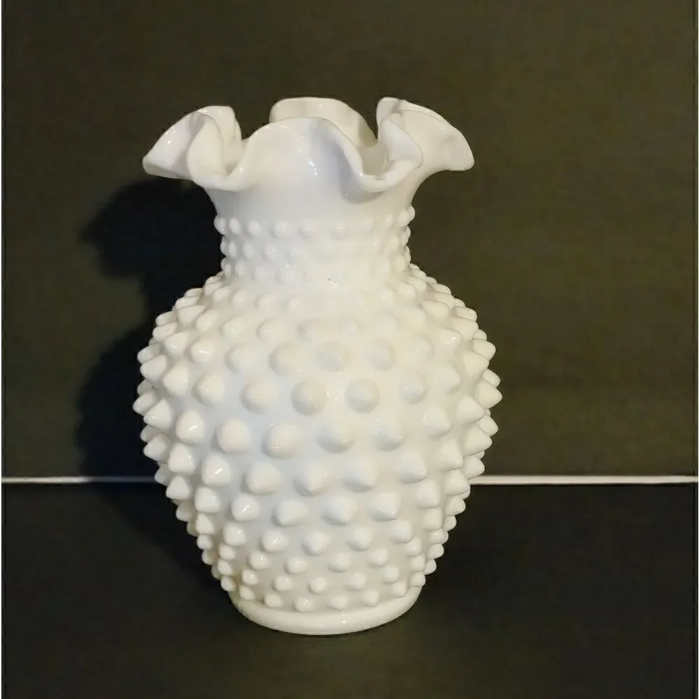 Vintage ruffled hobnail milk glass vase